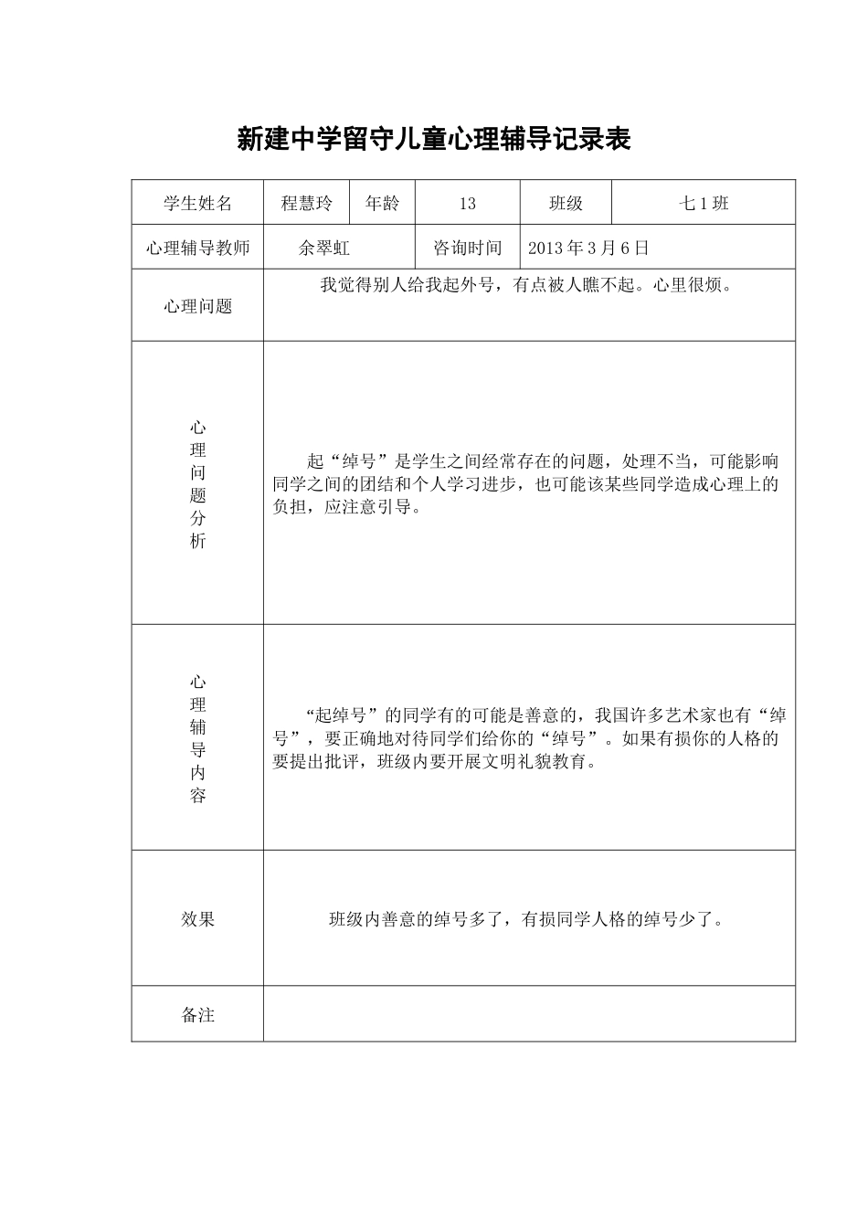 留守儿童心理辅导记录表_第1页