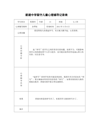 留守儿童心理辅导记录表