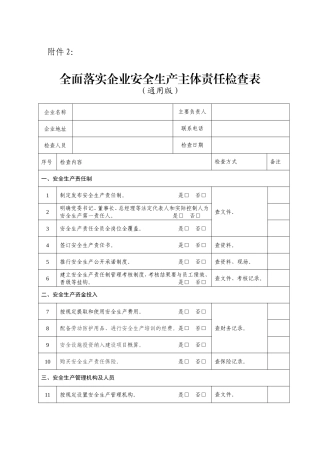 全面落实企业安全生产主体责任检查表(通用版)