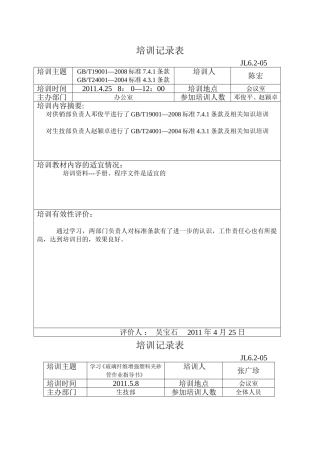 培训记录表及效果评价