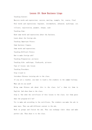 英语：Unit 3 Buying and Selling Lesson 3英文教案（冀教版九年级上）