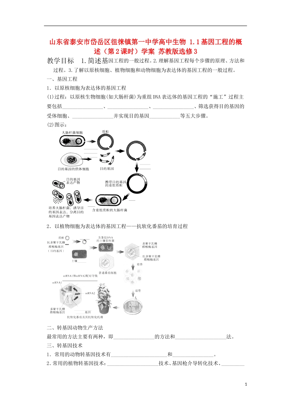 山东省泰安市岱岳区徂徕镇第一中学高中生物 1.1基因工程的概述（第2课时）学案 苏教版选修3_第1页