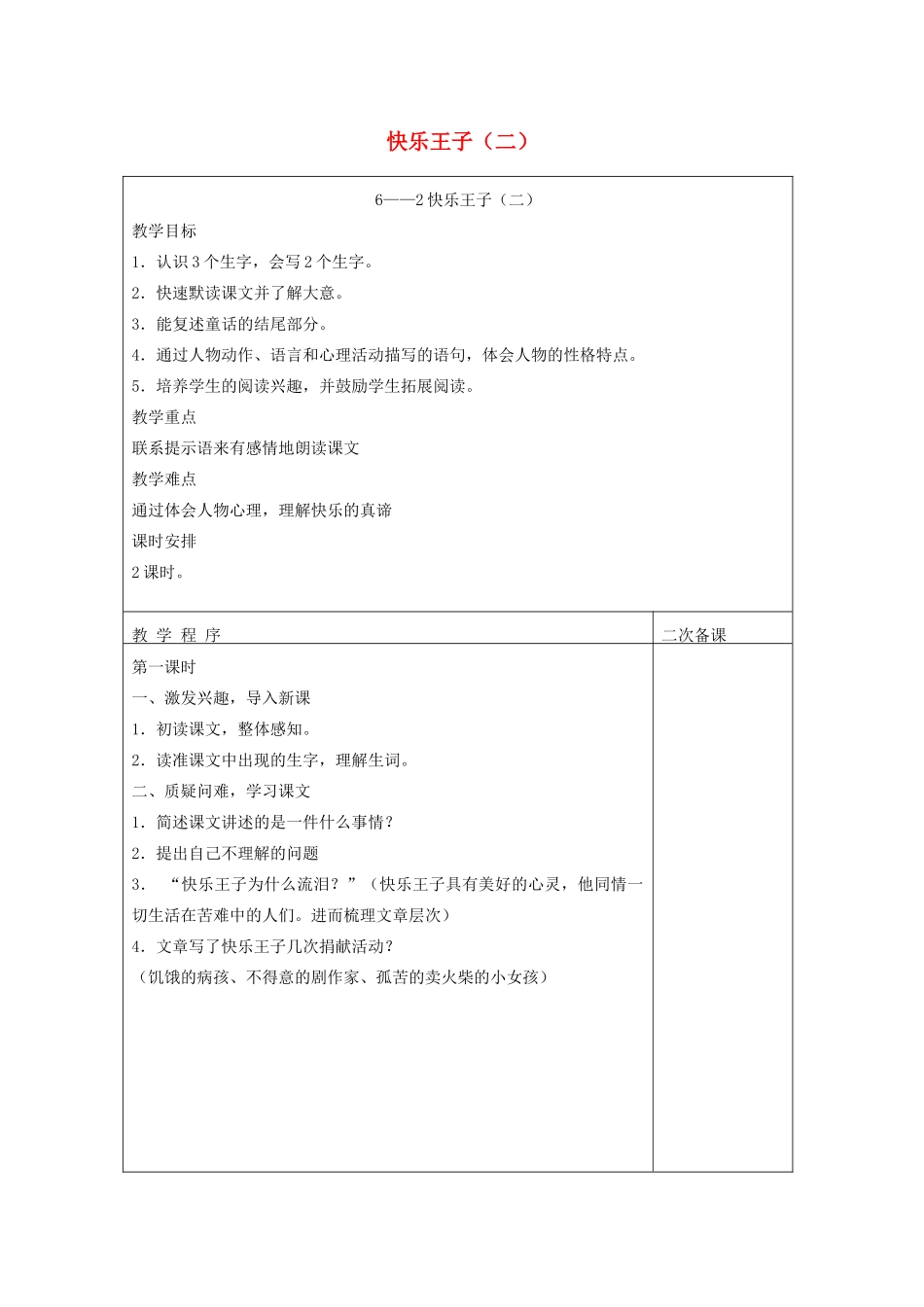 五年级语文下册 6.2快乐王子（二）教案4 长春版-长春版小学五年级下册语文教案_第1页