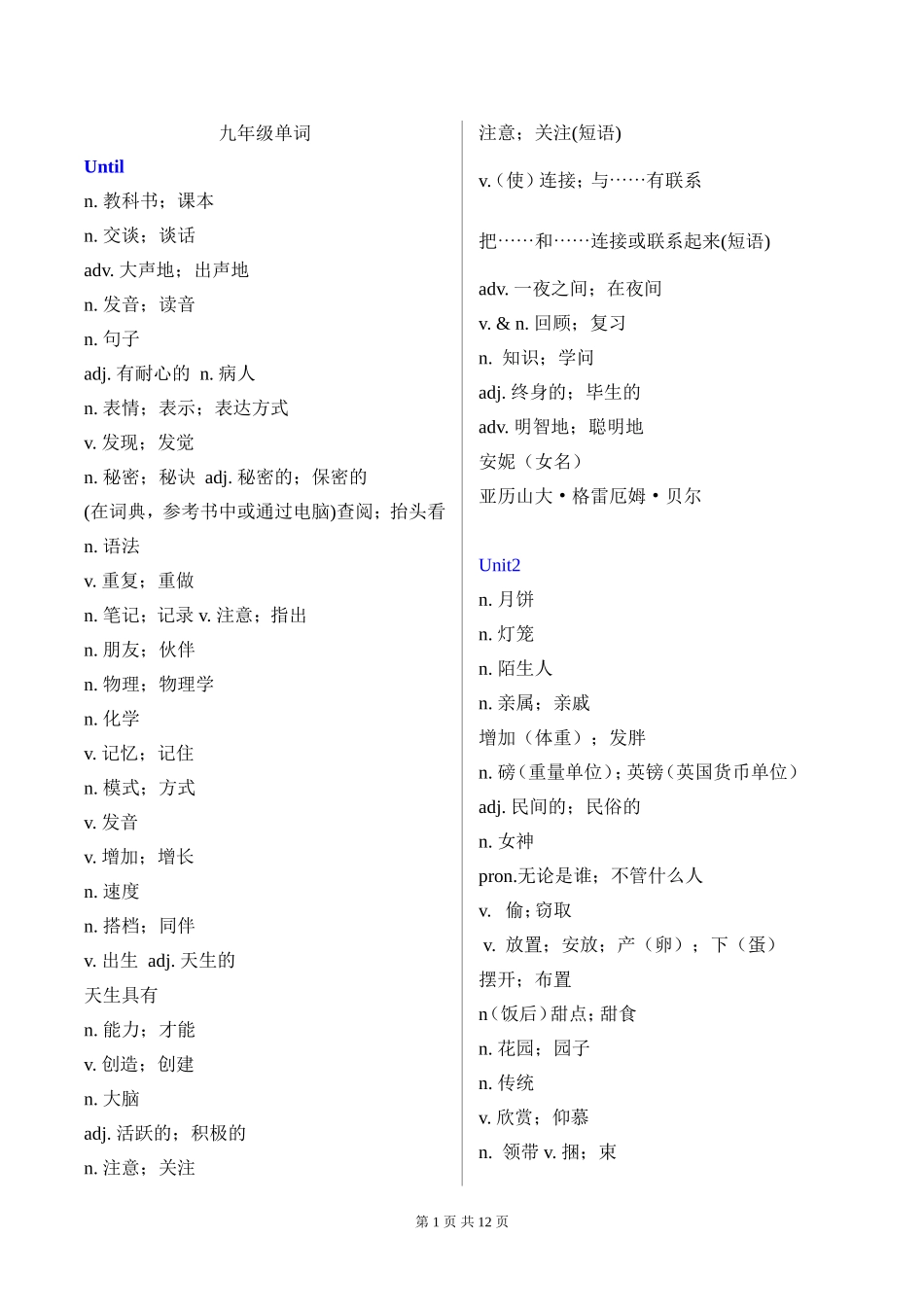 九年级英语单词表(中文)_第1页