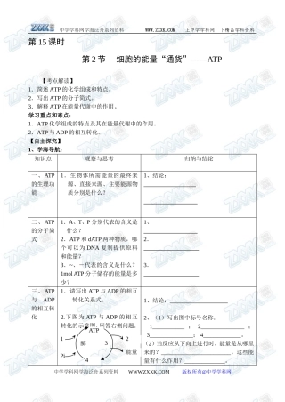 新人教必修1高中生物学案15第5章第2节 细胞的能量“通货”------ATP