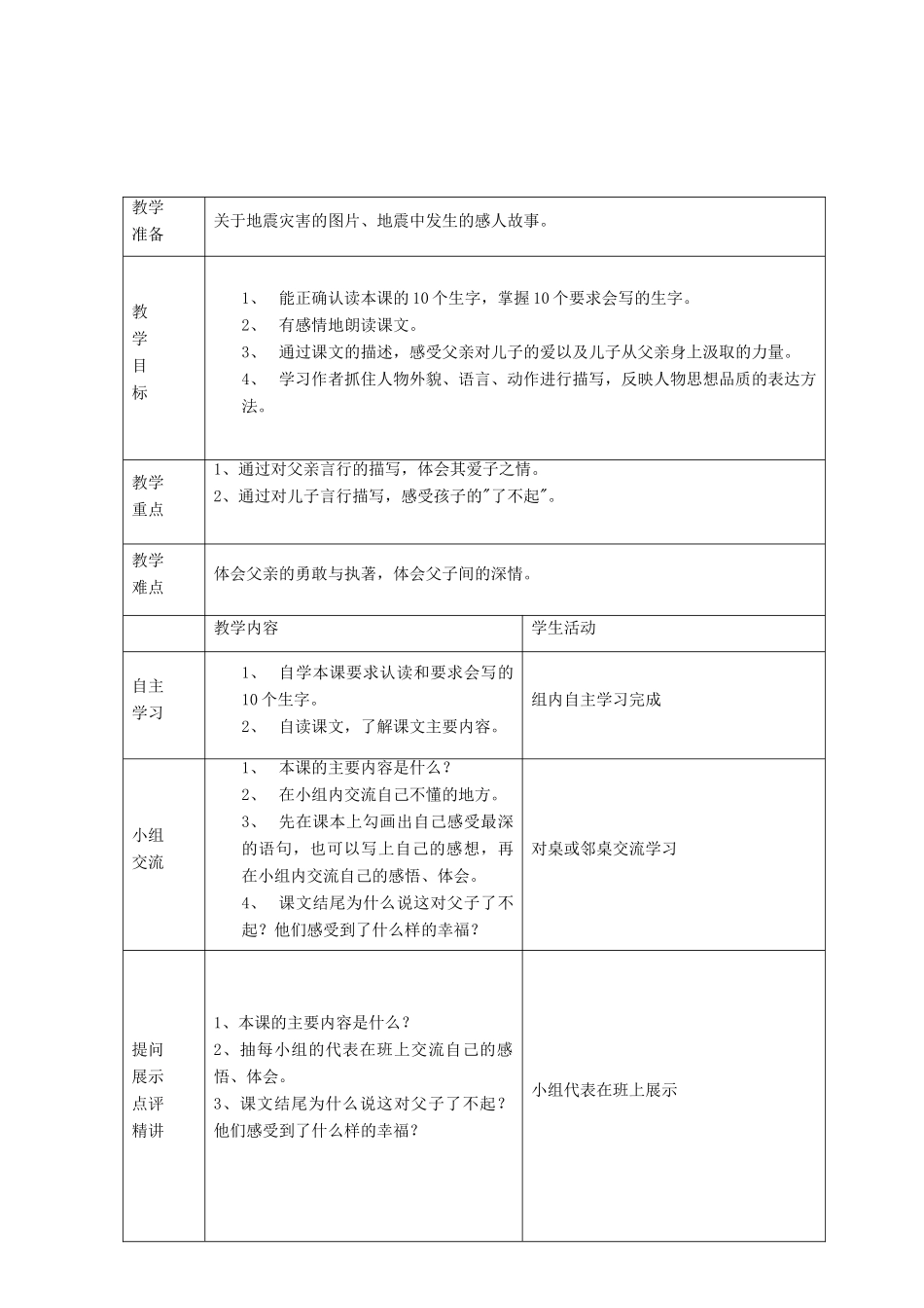 四年级语文上册 第二单元 8《地震中的父与子》精美优质教案 冀教版-冀教版小学四年级上册语文教案_第2页