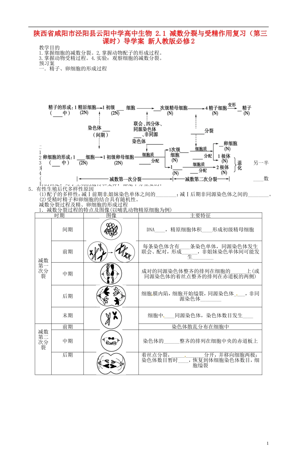 陕西省咸阳市泾阳县云阳中学高中生物 2.1 减数分裂与受精作用复习（第三课时）导学案 新人教版必修2_第1页
