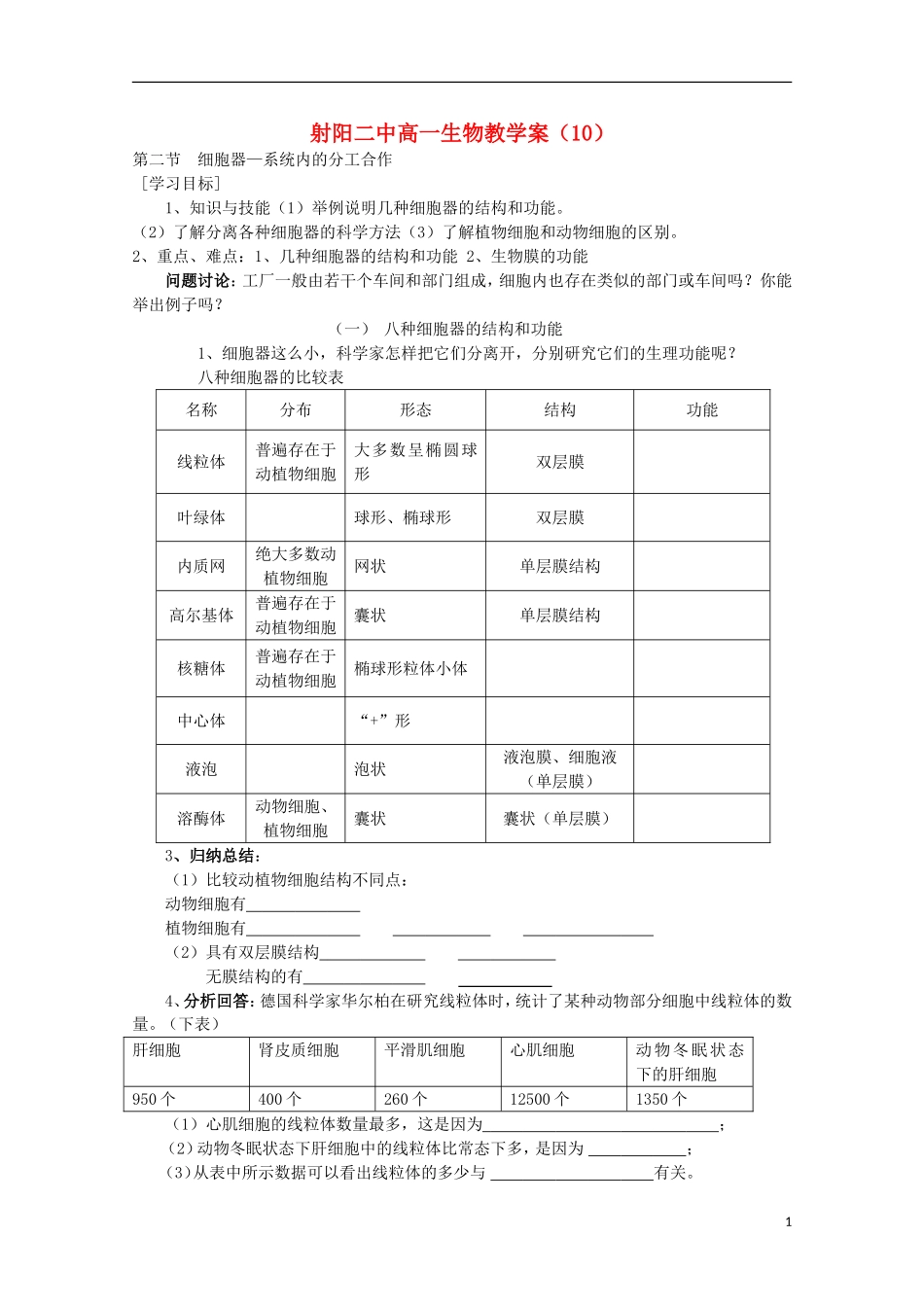 江苏省盐城市射阳二中高一生物《细胞器—系统内的分工合作》教学案_第1页