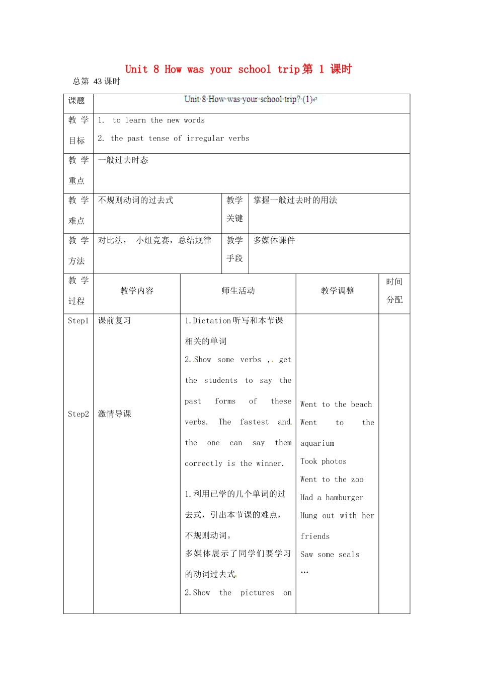 辽宁省凌海市石山初级中学八年级英语上册 Unit 8 How was your school trip（第1课时）教案 人教新目标版_第1页