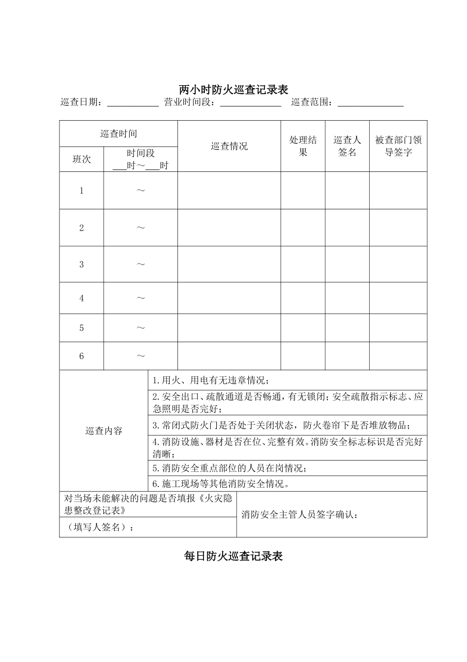 每2小时、每日、每月消防巡查表_第1页