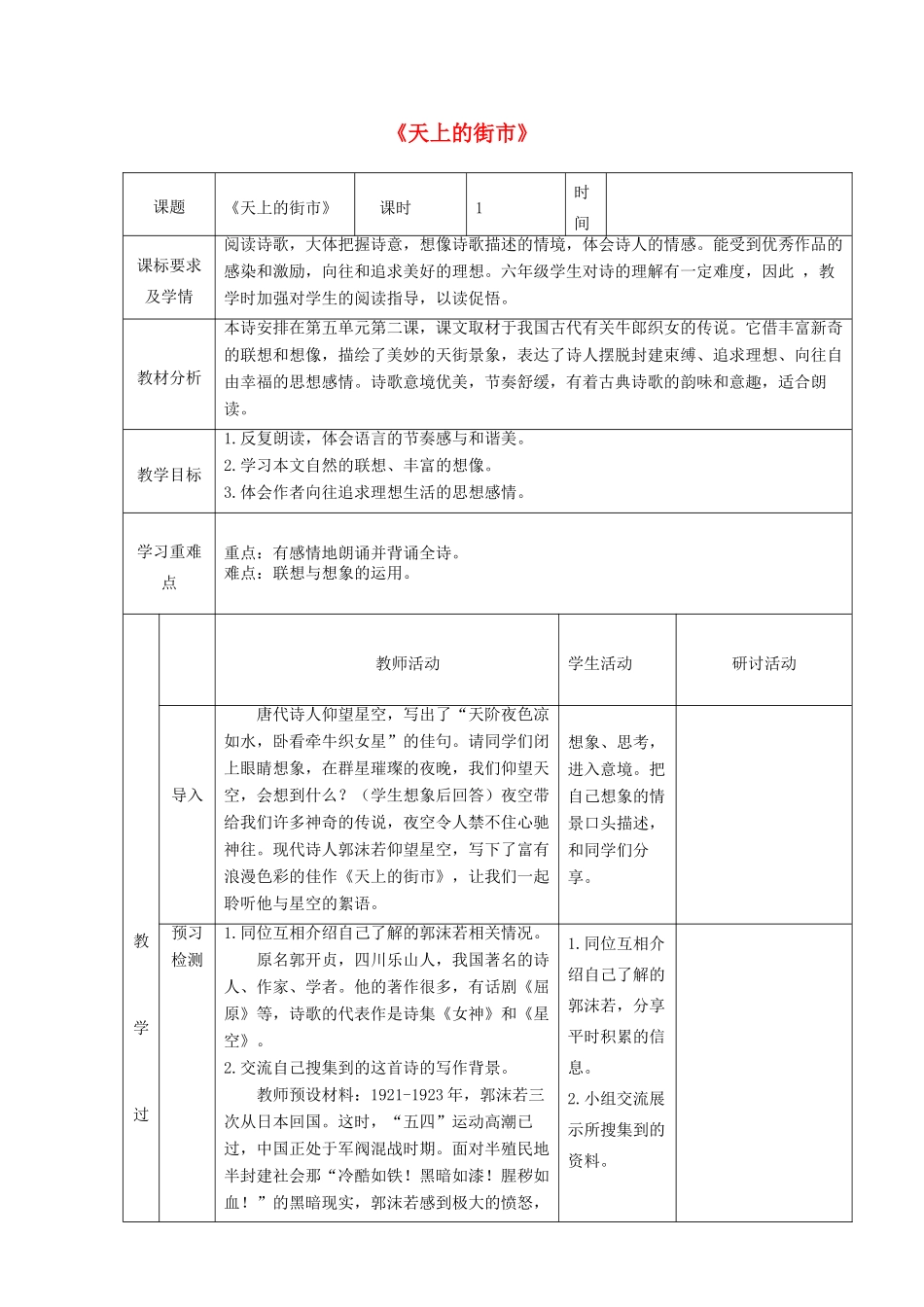 六年级语文上册 第五单元 26 郭沫若诗两首《天上的街市》教学设计 鲁教版五四制-鲁教版五四制小学六年级上册语文教案_第1页