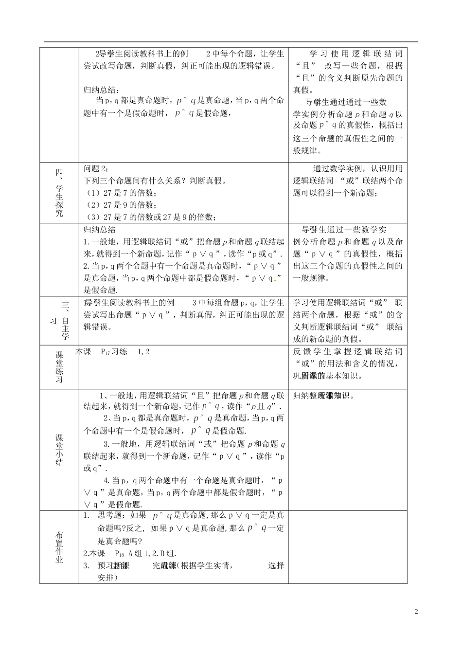 湖北省恩施巴东县第一高级中学高中数学 1.3简单的逻辑联结词教案 新人教版选修1-1_第2页
