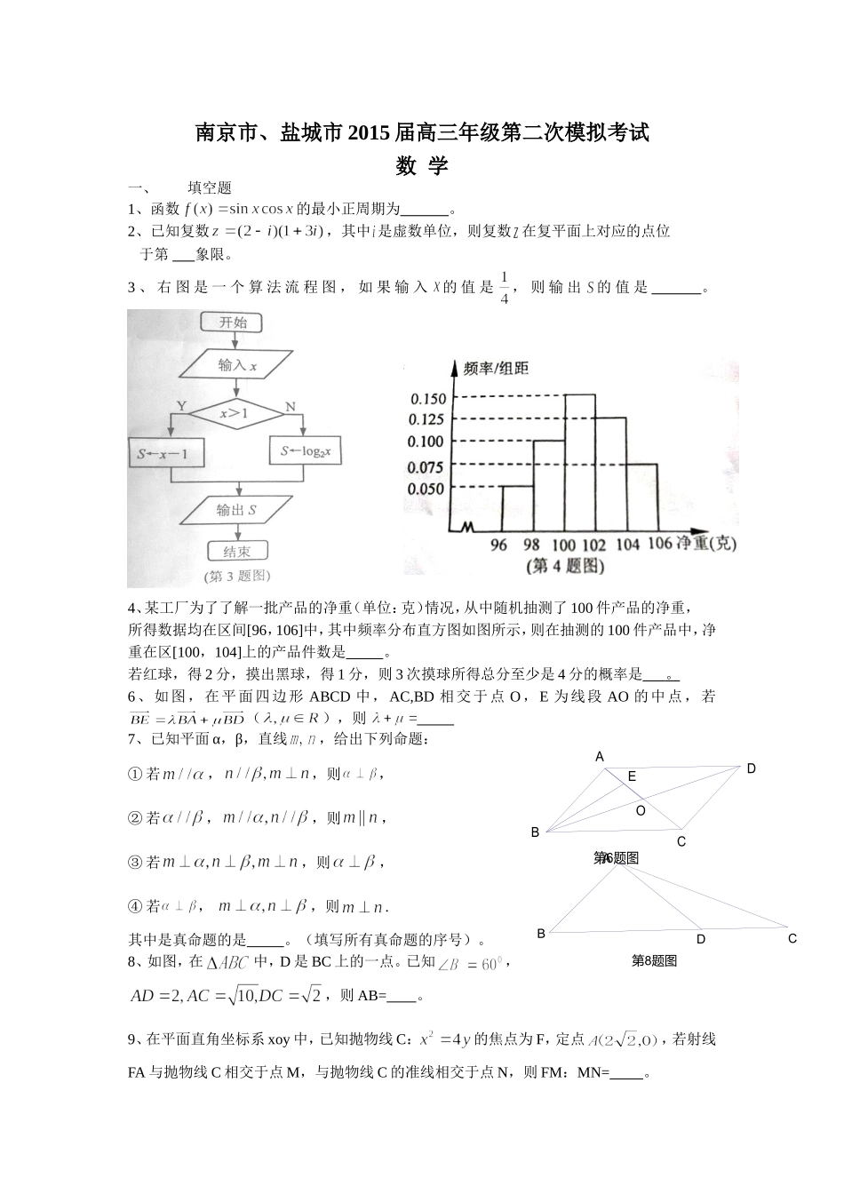 南京市、盐城市2015届高三年级第二次模拟考试-数学试题_第1页