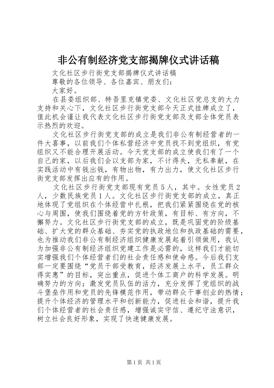 非公有制经济党支部揭牌仪式的讲话发言稿_第1页