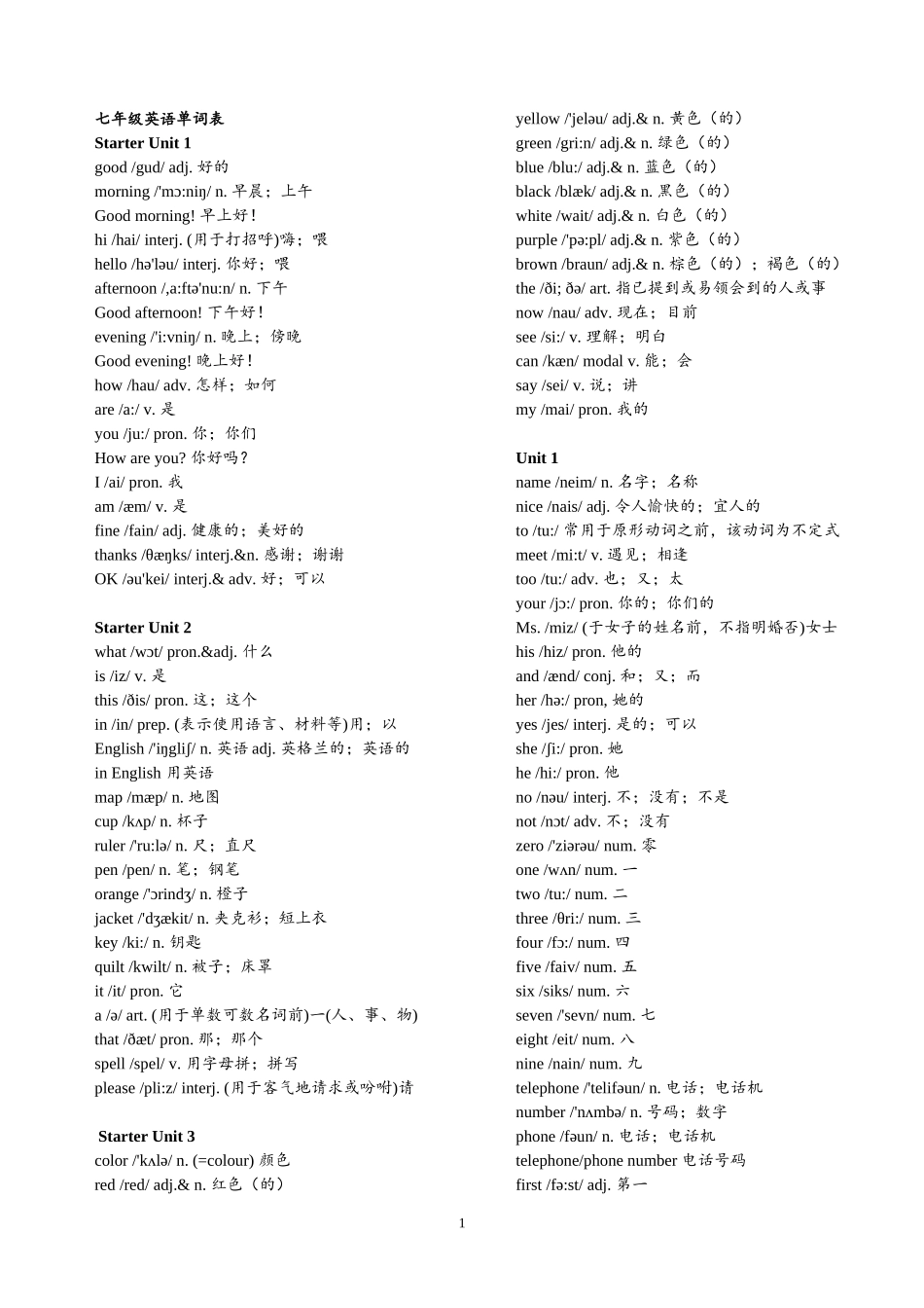 七年级上册英语单词表(含音标)_第1页