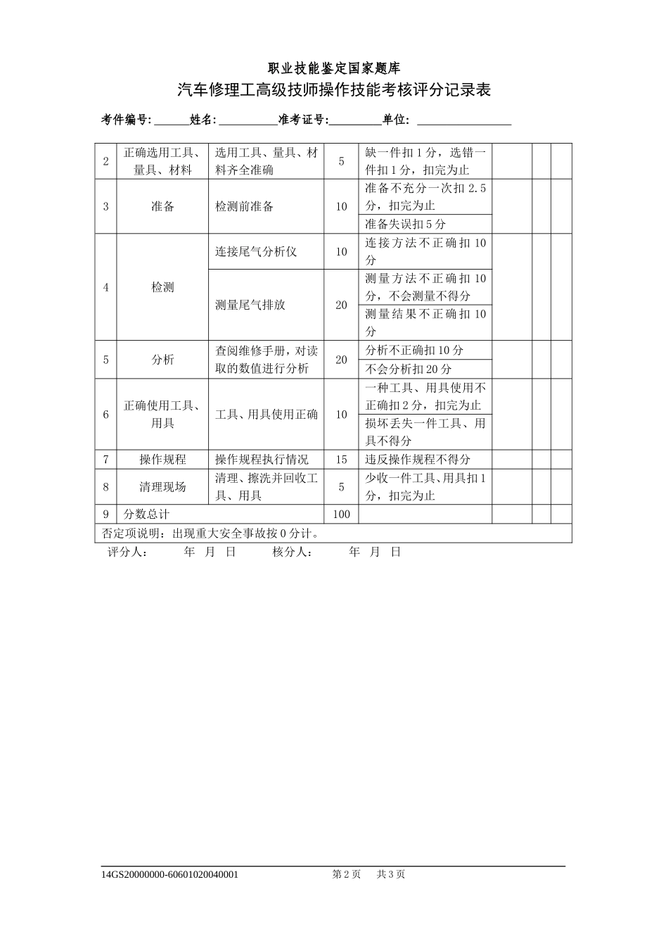 汽车修理工高级技师操作技能评分记录表_第2页