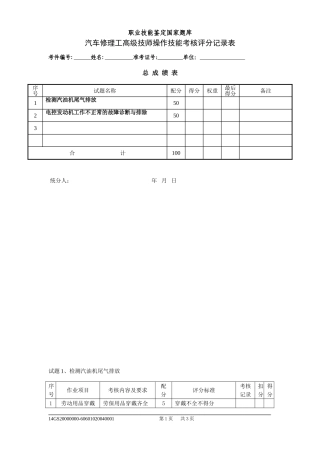 汽车修理工高级技师操作技能评分记录表
