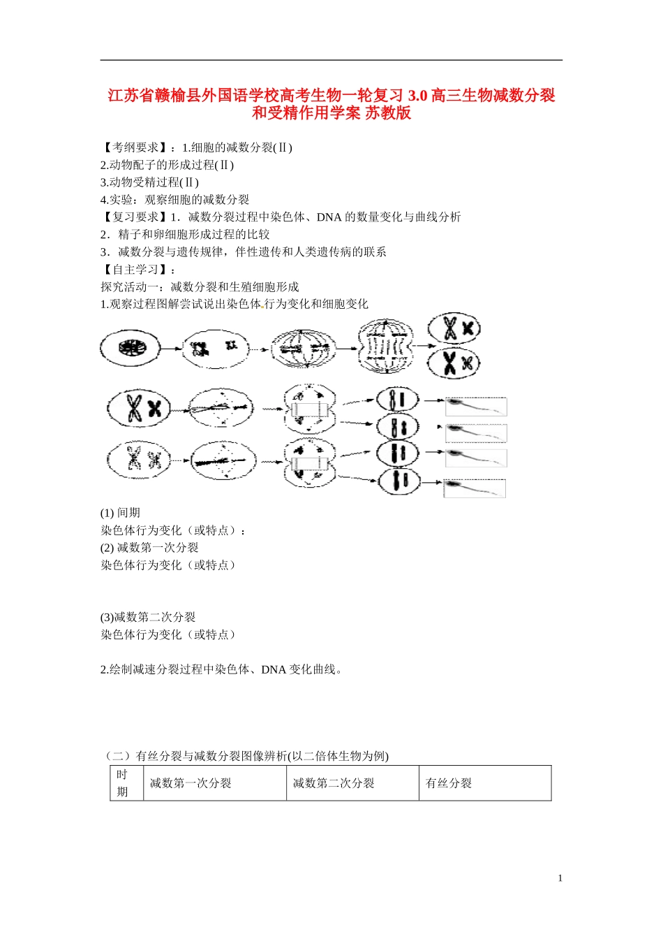 江苏省赣榆县外国语学校高考生物一轮复习 3.0高三生物减数分裂和受精作用学案 苏教版_第1页