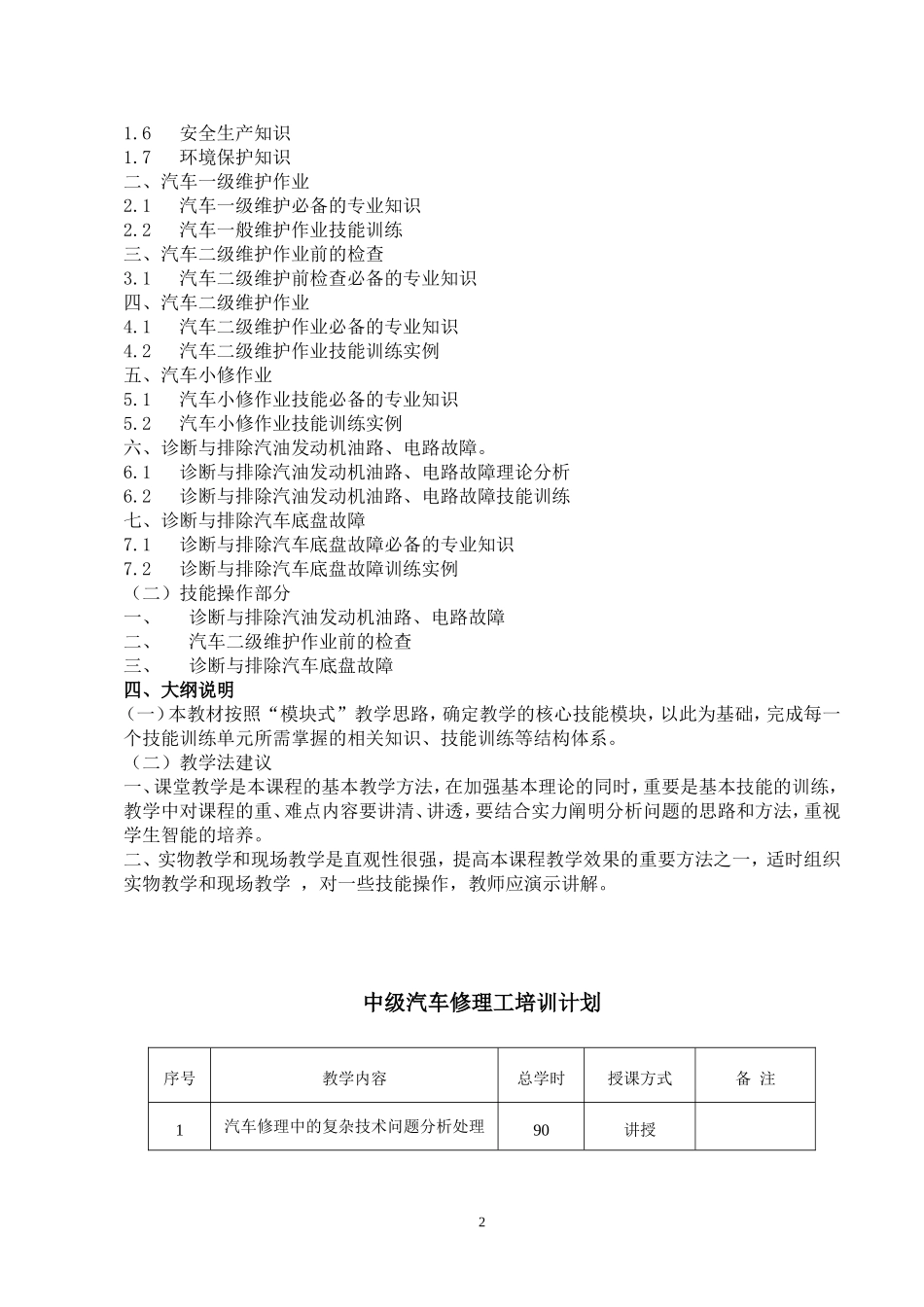 汽车修理工培训计划及大纲(初、中级)_第2页