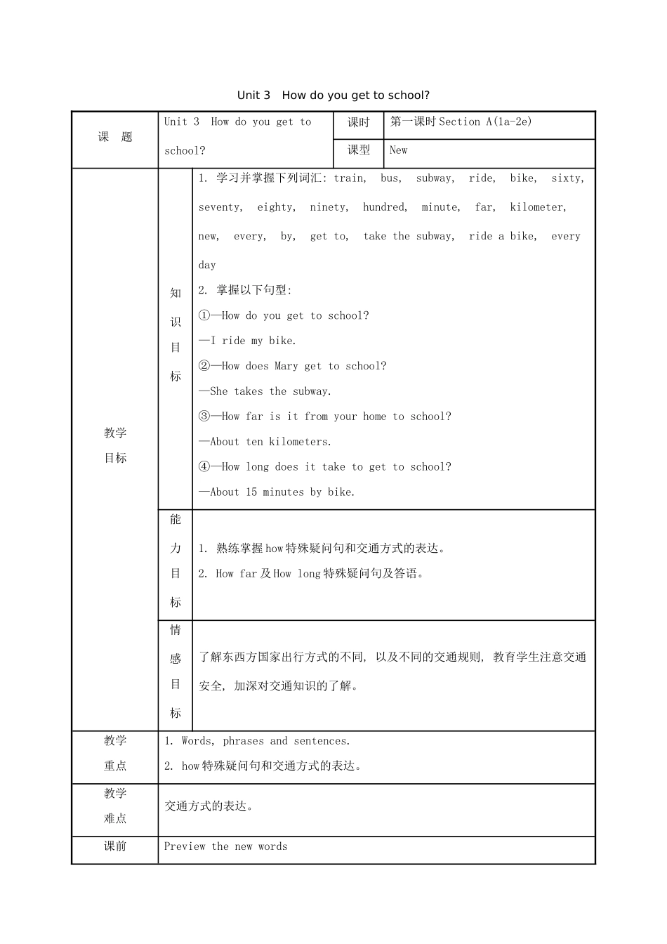 版七年级英语下册 Unit 3 How do you get to school教案 （新版）人教新目标版-（新版）人教新目标版初中七年级下册英语教案_第1页