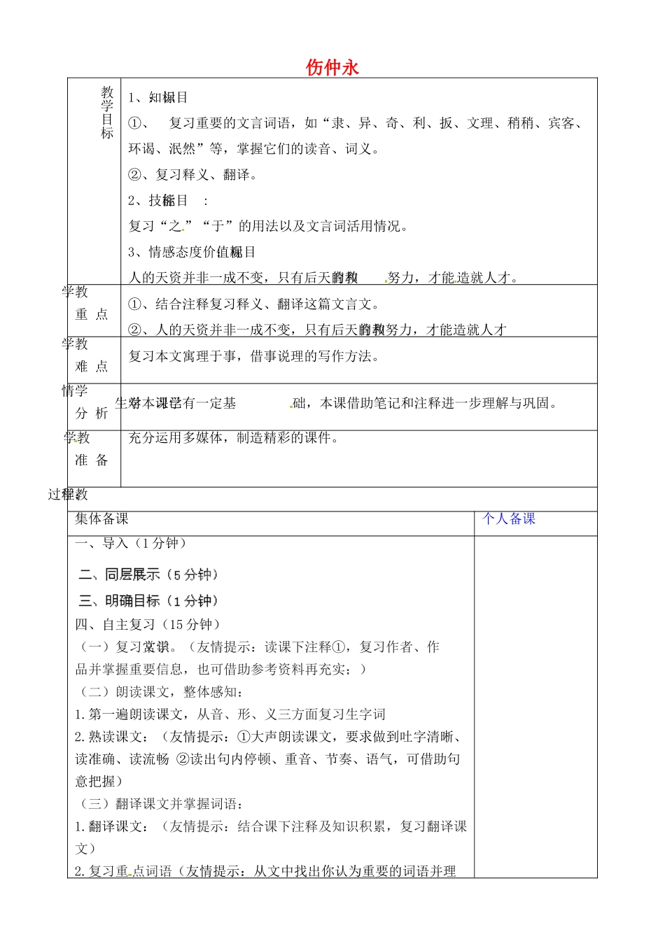 山东省淄博市临淄区第八中学六年级语文下册 12 伤仲永复习教学设计 鲁教版五四制_第1页