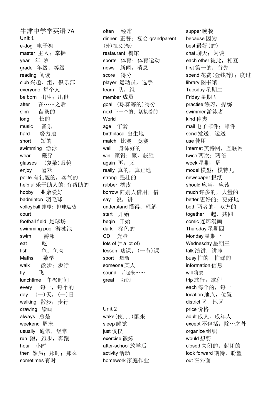 牛津初中英语7A-9B分册词汇表_第1页