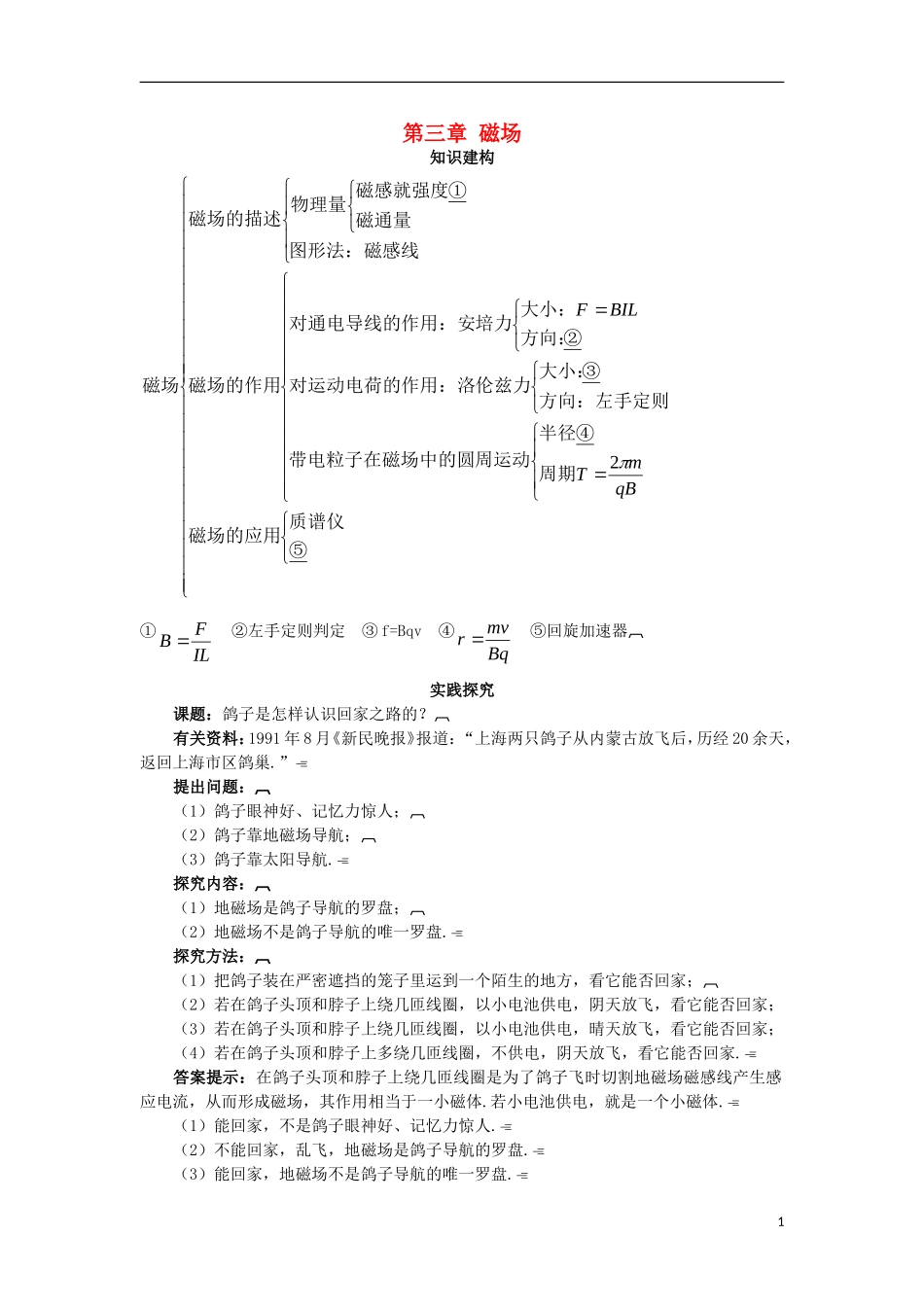 高中物理 第三章 磁场复习巩固学案 粤教版选修3-1-粤教版高二选修3-1物理学案_第1页