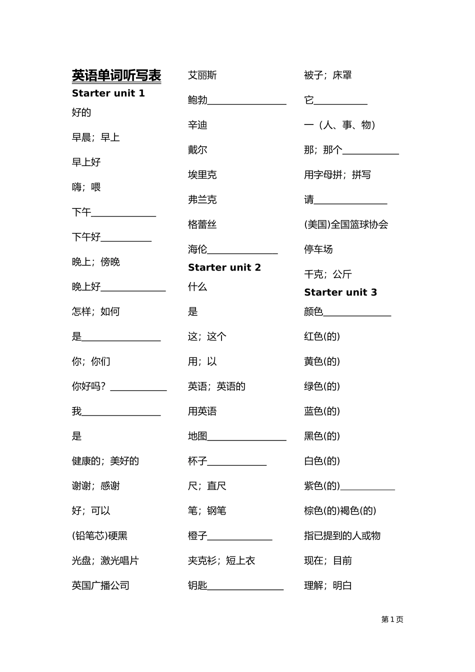 七年级上册英语单词听写表_第1页