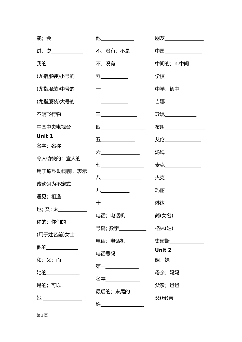 七年级上册英语单词听写表_第2页