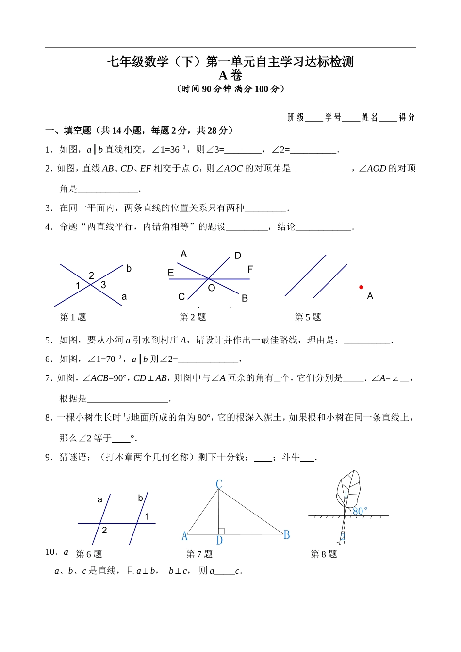 2013年最新版七年级数学第5章(相交线与平行线)单元测试试卷_第1页