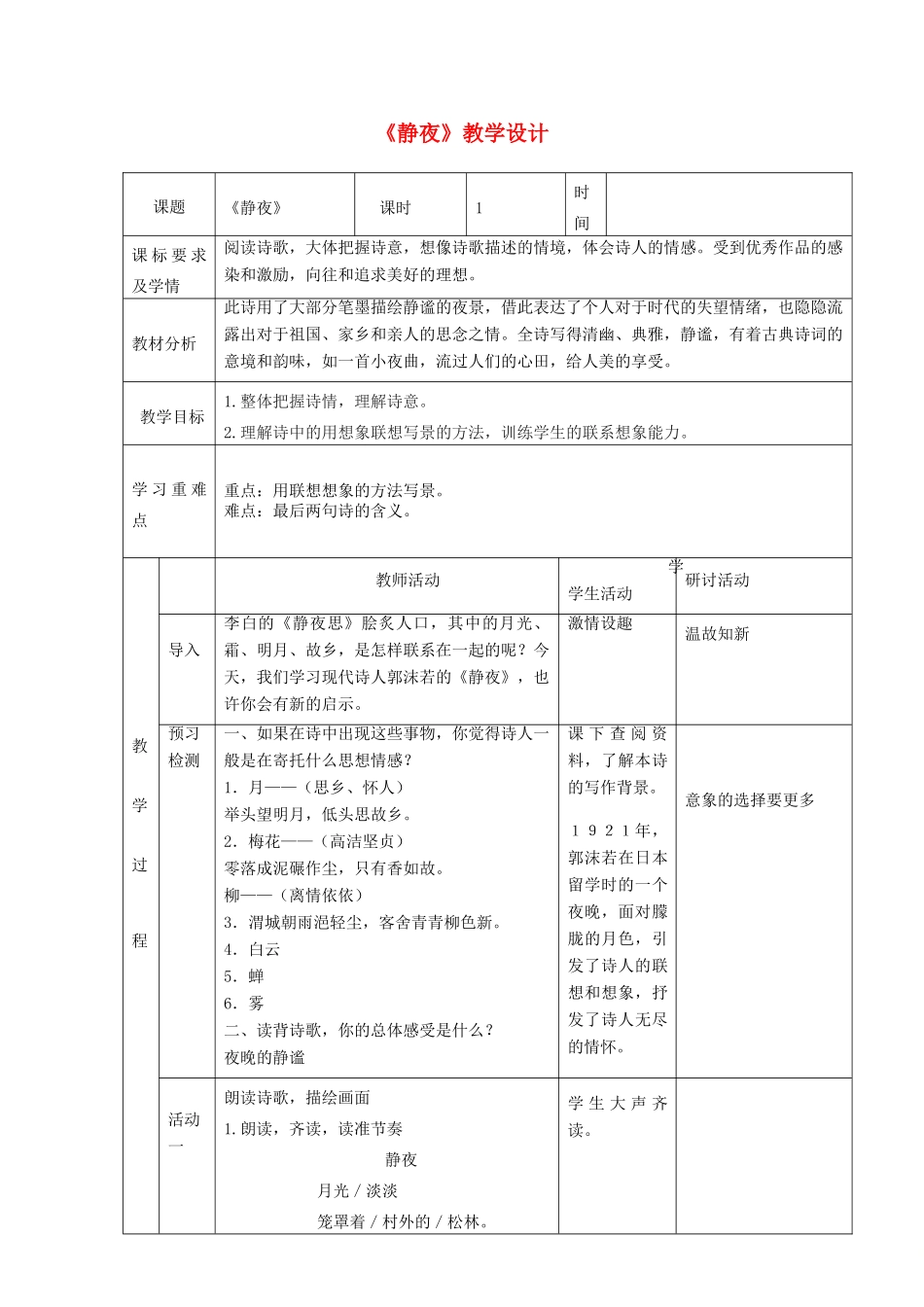六年级语文上册 第五单元 26 郭沫若诗两首《静夜》教学设计 鲁教版五四制-鲁教版五四制小学六年级上册语文教案_第1页