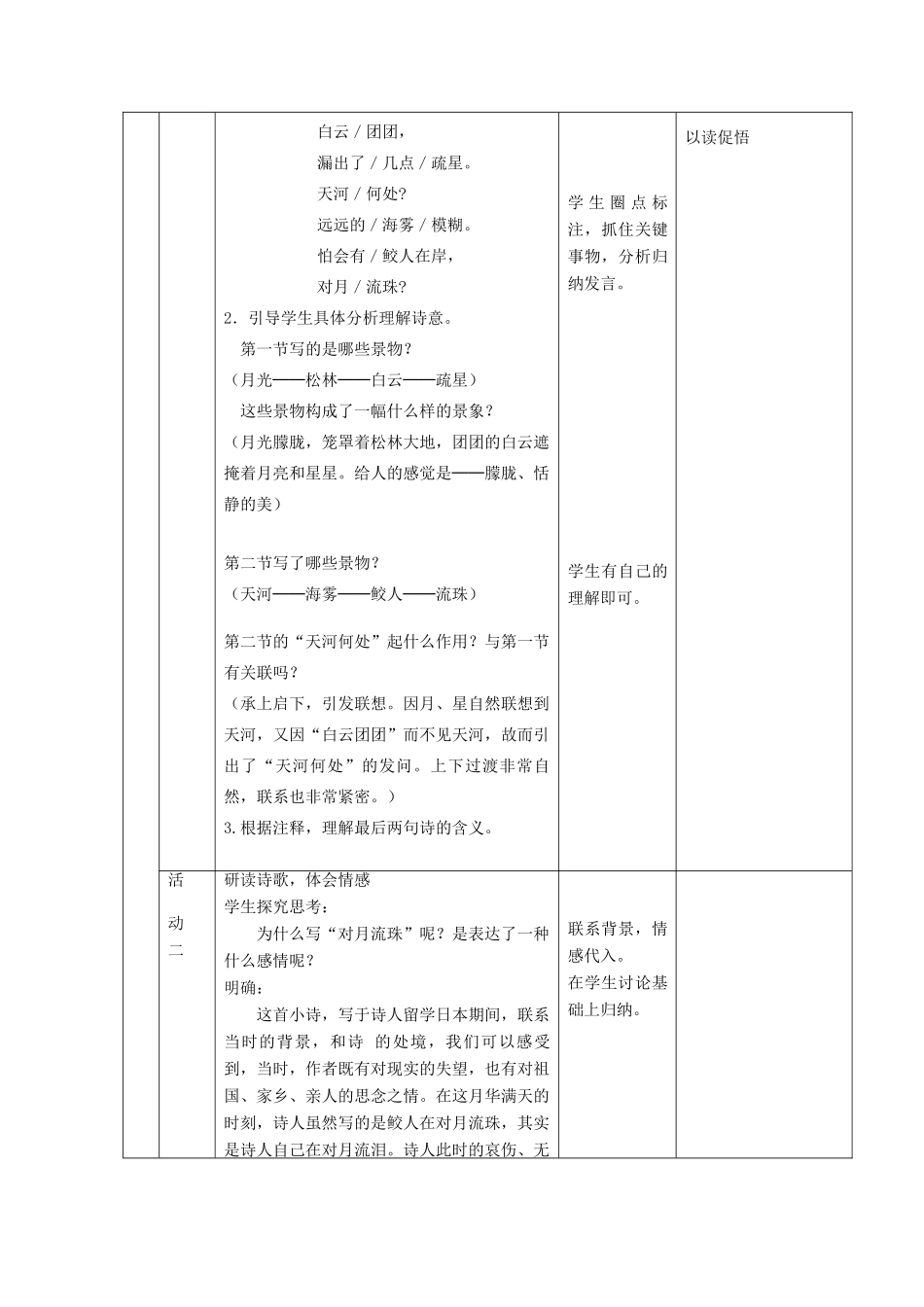 六年级语文上册 第五单元 26 郭沫若诗两首《静夜》教学设计 鲁教版五四制-鲁教版五四制小学六年级上册语文教案_第2页