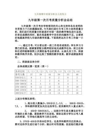 九年级月考考试质量分析会上的发言