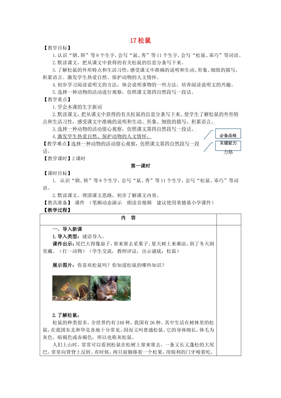 秋五年级语文上册 第五单元 17 松鼠教案1 新人教版-新人教版小学五年级上册语文教案_第1页