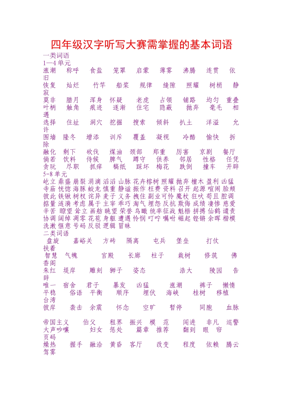 四年级汉字听写大赛需掌握的基本词语_第1页