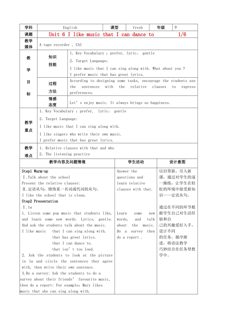 陕西省神木县大保当中学九年级英语 Unit 6 I like music that I can dance to Period 1教案 人教新目标版_第1页