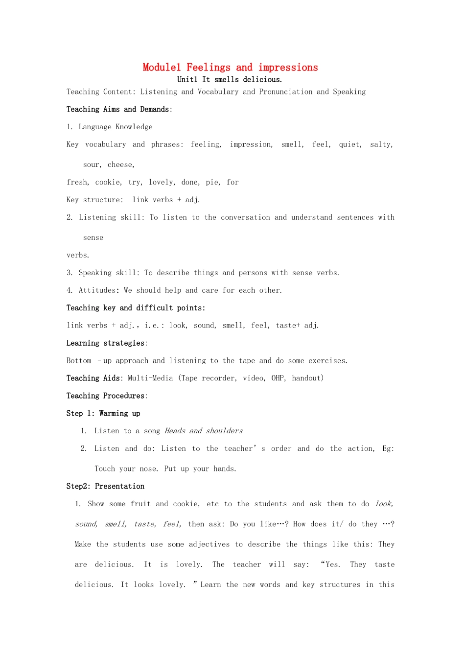 畅优新课堂春八年级英语下册 Module 1 Feelings and impressions Unit 1 It smells delicious教案 （新版）外研版-（新版）外研版初中八年级下册英语教案_第1页