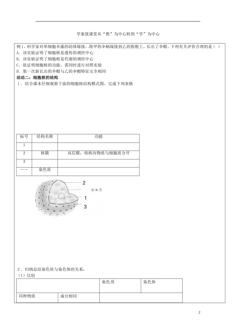 山东省临朐县实验中学高中生物 细胞核 系统的控制中心学案 新人教版必修1_第2页