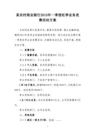 某商业银行2015年一季度旺季业务竞赛活动方案