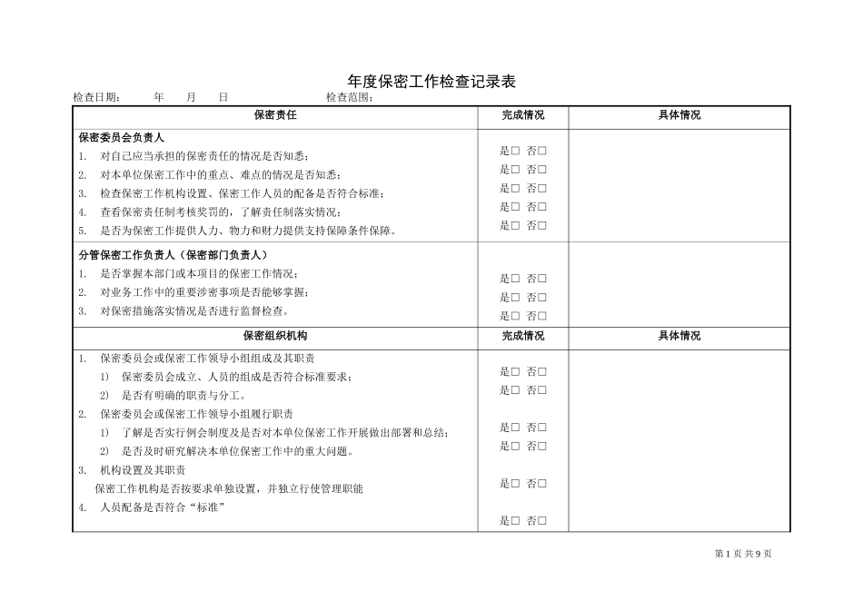 年度保密工作检查记录表_第1页