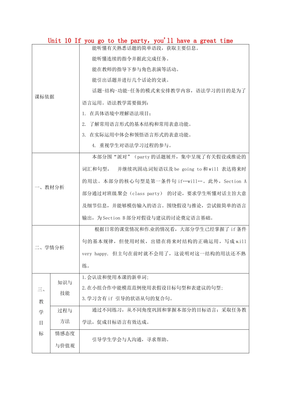 陕西省石泉县八年级英语上册 Unit 10 If you go to the party，you'll have a great time教案 （新版）人教新目标版-（新版）人教新目标版初中八年级上册英语教案_第1页