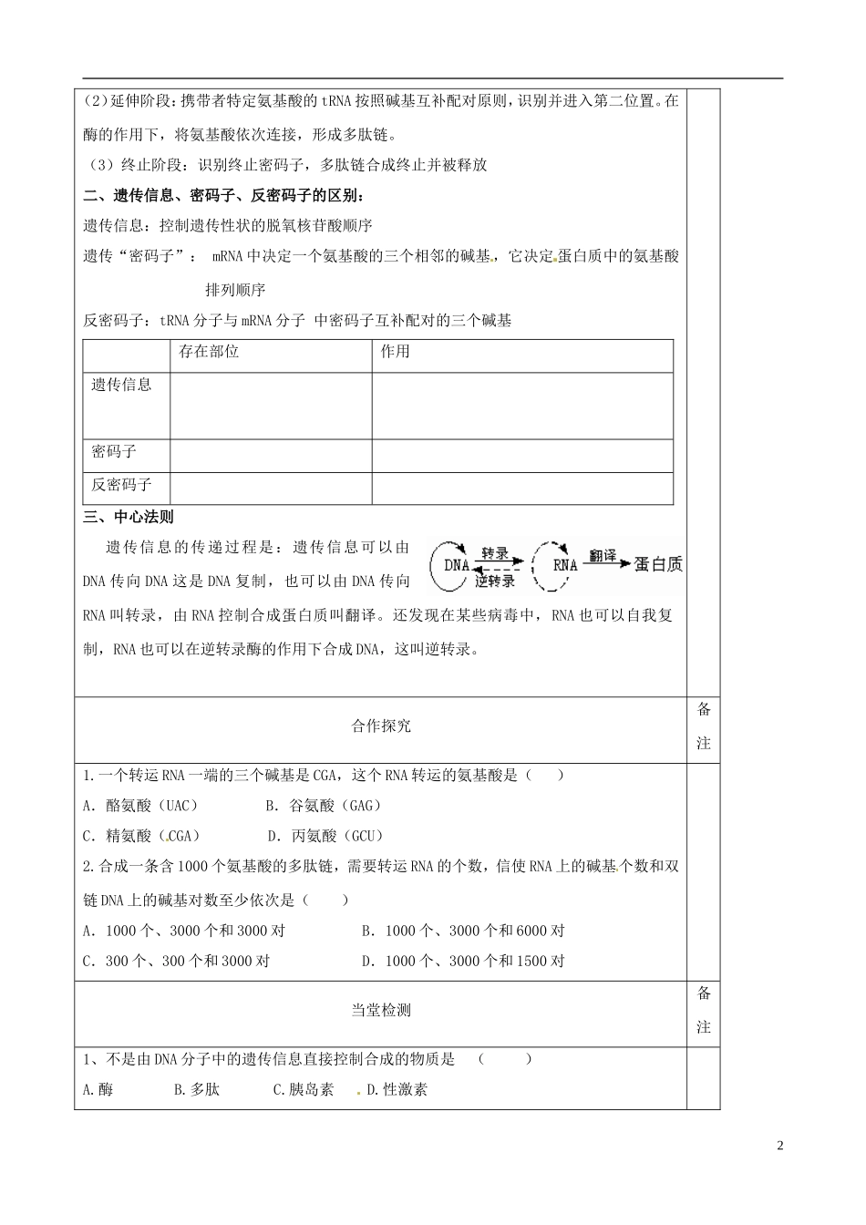 陕西省澄城县寺前中学高一生物《基因控制蛋白质的合成（二）》学案 人教版_第2页