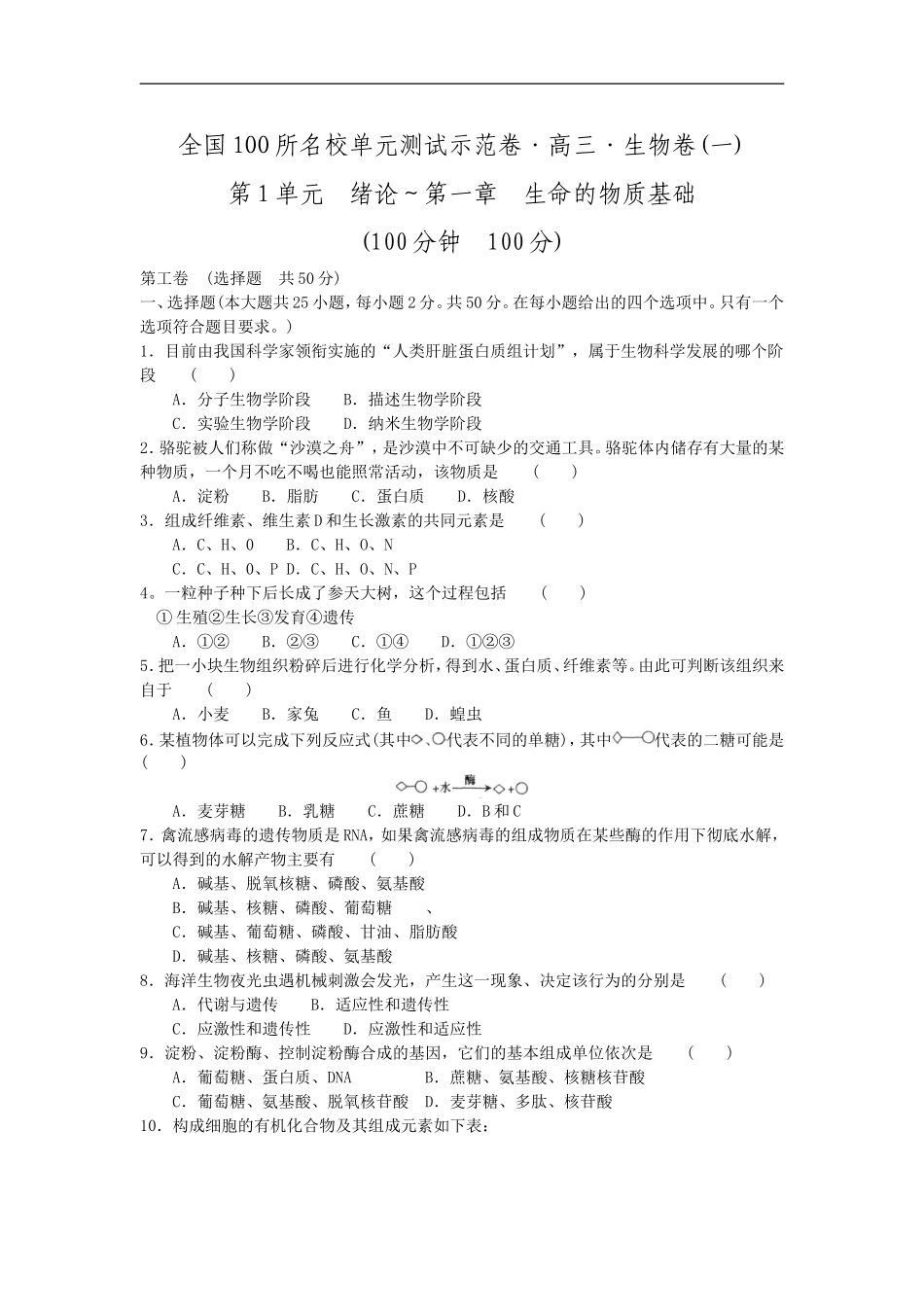 全国100所名校单元测试示范卷生物卷1_第1页