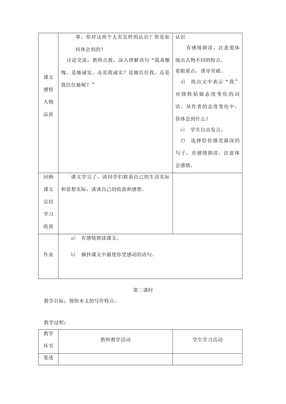 五年级语文下册 第四单元 真诚 3 修鞋姑娘教案2 北师大版-北师大版小学五年级下册语文教案_第2页