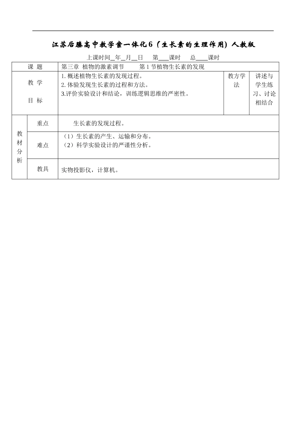 江苏省后塍高中生物教学案一体化6（生长素的生理作用) 人教版选修二_第1页