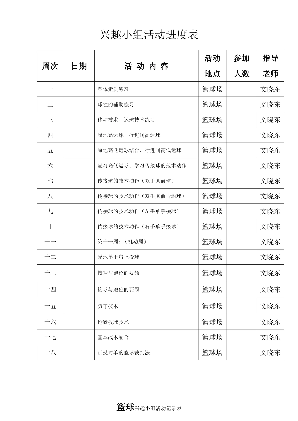 篮球兴趣小组活动进度表-过程记录表(活动过程教案)18节_第2页