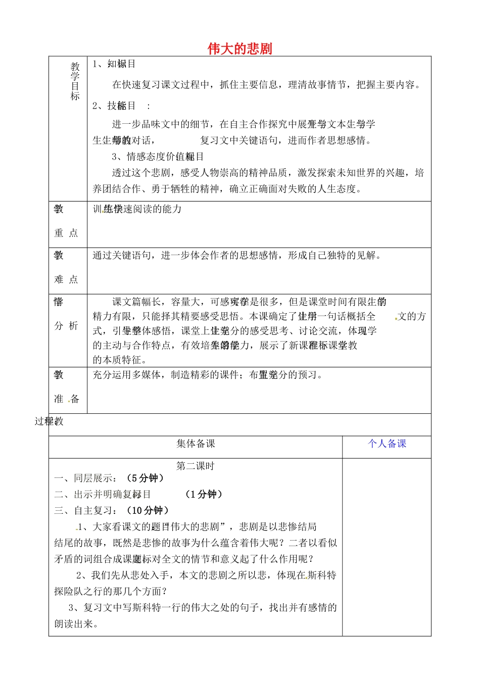 山东省淄博市临淄区第八中学六年级语文下册 19 伟大的悲剧复习教学设计 鲁教版五四制_第1页