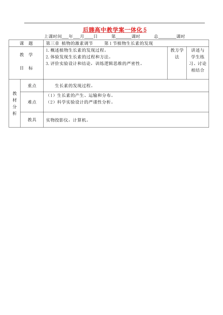 江苏省后塍高中生物教学案一体化5（生长素的生理作用)  人教版_第1页