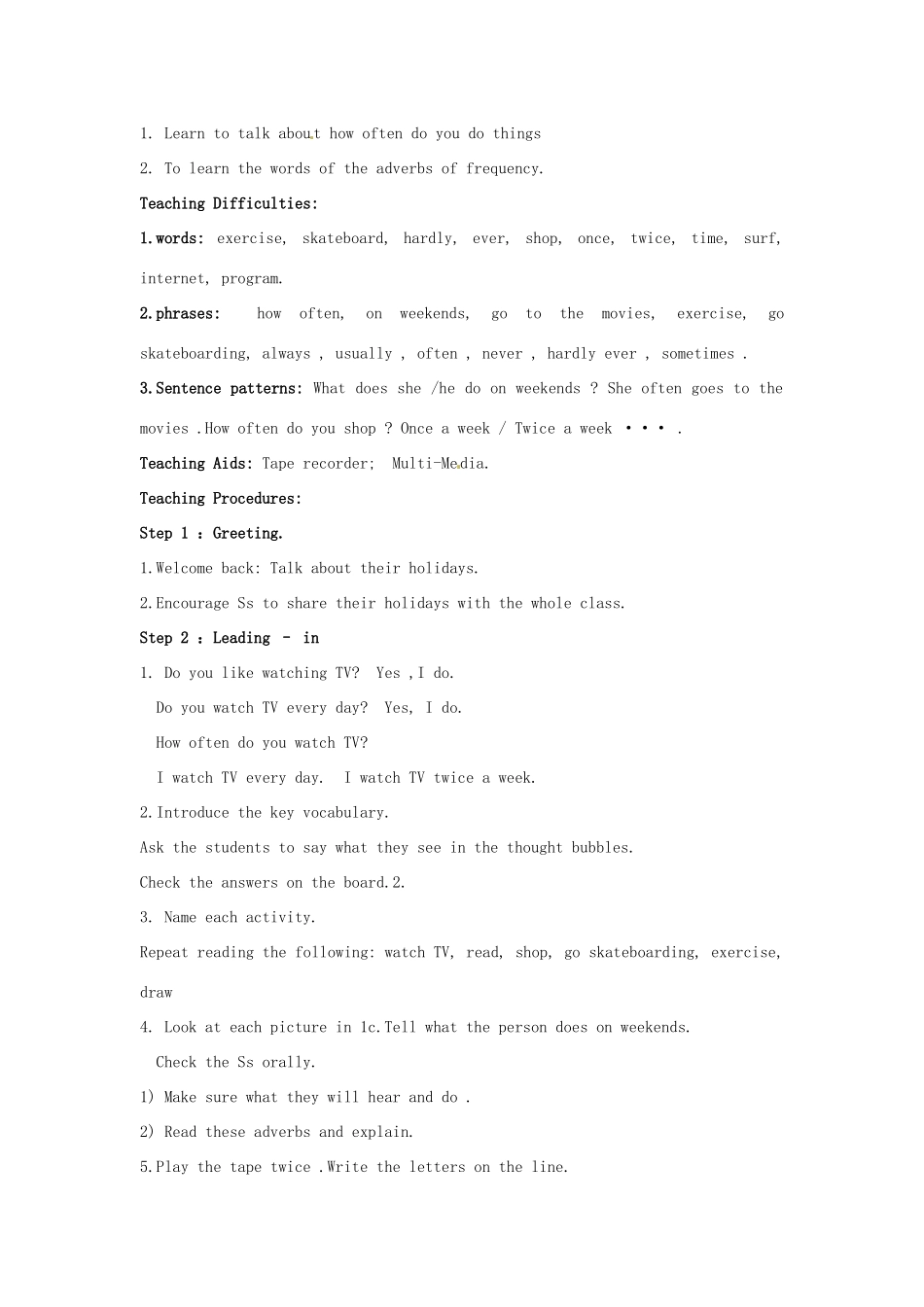 福建省厦门市思明区东埔学校八年级英语上册 Unit 1 How often do you do exercise教案 人教新目标版_第2页