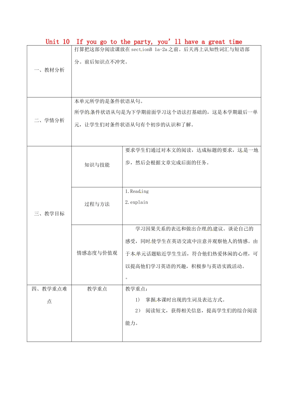 陕西省石泉县八年级英语上册 Unit 10 If you go to the party，you'll have a great time Section B（2b）教案 （新版）人教新目标版-（新版）人教新目标版初中八年级上册英语教案_第1页